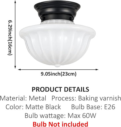 youngrender Black Schoolhouse Light Fixture Ceiling, 9 Inch Hallway Semi Flush Mount Ceiling Lighting, White Milk Glass Ceiling Lights Mid Century for Bedroom, Kitchen, Entryway