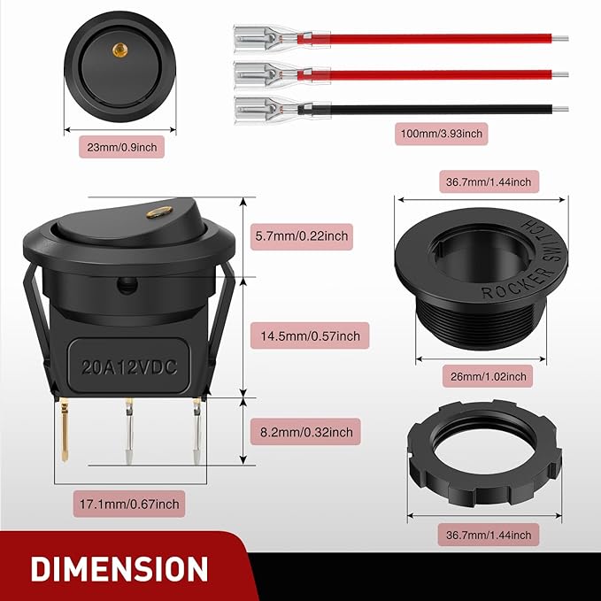 Nilight 1PC Round Rocker Switch with Shell 12V 24V 20A Yellow LED Toggle swtich with 16AWG Wires SPST 3Pin 2 Position for Car Truck Vehicle Boat Marine Rocker On Off Control
