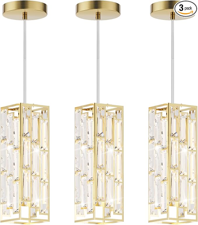 Brass Pendant Lights Modern Pendant Light Fixture, Mini Crystal Pendant Ceiling Light, Pendant Light for Kitchen Island, Dinning Room, Bedroom, Kitchen Sink Lighting (3-Pack)