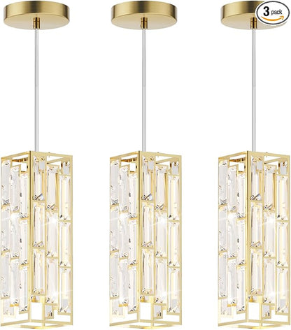 Brass Pendant Lights Modern Pendant Light Fixture, Mini Crystal Pendant Ceiling Light, Pendant Light for Kitchen Island, Dinning Room, Bedroom, Kitchen Sink Lighting (3-Pack)