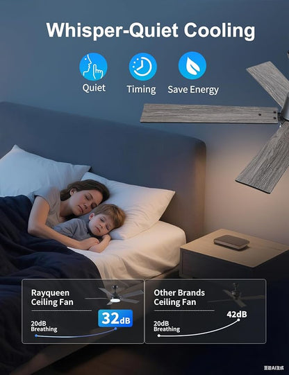 Rayqueen 52 Inch Ceiling Fans with Lights and Remote, 6 Speed Reversible DC Motor, 3CCT Dimmable LED, Black Modern Ceiling Fan for Bedroom, Living room & Covered Outdoor,Includes Downrod
