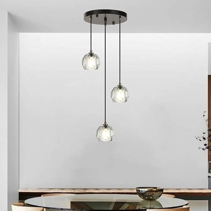 Modern Crystal Pendant Light Fixtures, Round Black LED Ceiling Hanging Lamps, Raindrop Crystal Chandelier for Bedroom, Dining Room Kitchen Island Bathroom