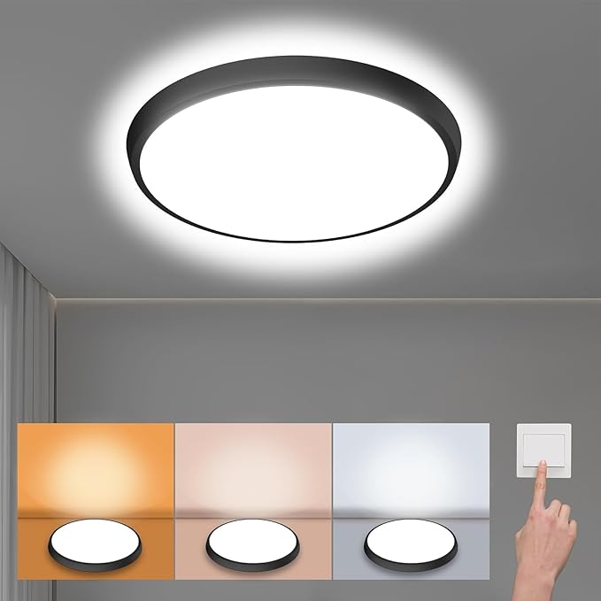 12 inch Flush Mount LED Ceiling Light Fixture, 3000K/4500K/6500K Selectable Ceiling Lights, Ultra Thin Round Black Ceiling Lamp for Living Room, Bedroom, Kitchen, Bathroom, Hallway, Non-dimmable