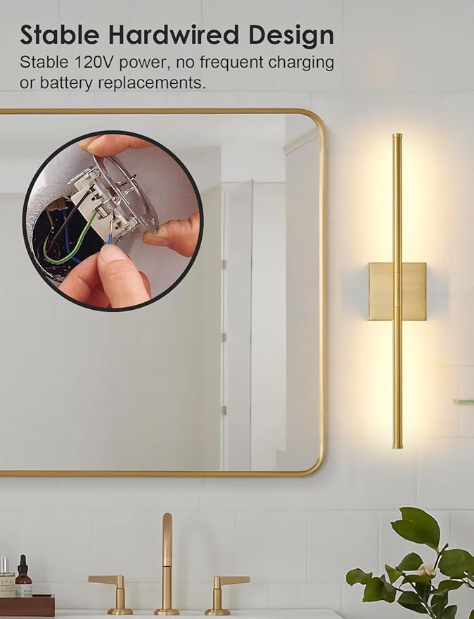 KARTOOSH 24.4 Inch Hardwired Wall Sconces Set of Two, 3000K Warm White Dimmable Modern Wall Sconces, 350° Rotate LED Light Fixtures Wall Lamp for Bathroom Living Room Bedroom Bedside, Brushed Brass