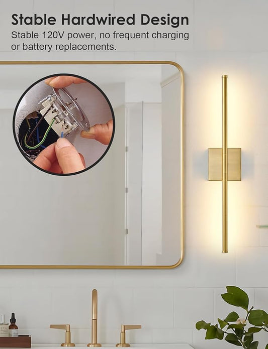 KARTOOSH 24.4 Inch Hardwired Wall Sconces Set of Two, 3000K Warm White Dimmable Modern Wall Sconces, 350° Rotate LED Light Fixtures Wall Lamp for Bathroom Living Room Bedroom Bedside, Brushed Brass