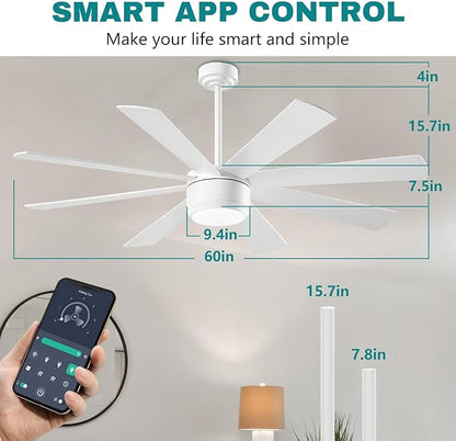 App Commercial Industrial Ceiling Fan with Lights and Remote Control, 8 Blade Reversible Stepless Brightness and Color Temperature (White, 60 Inch)