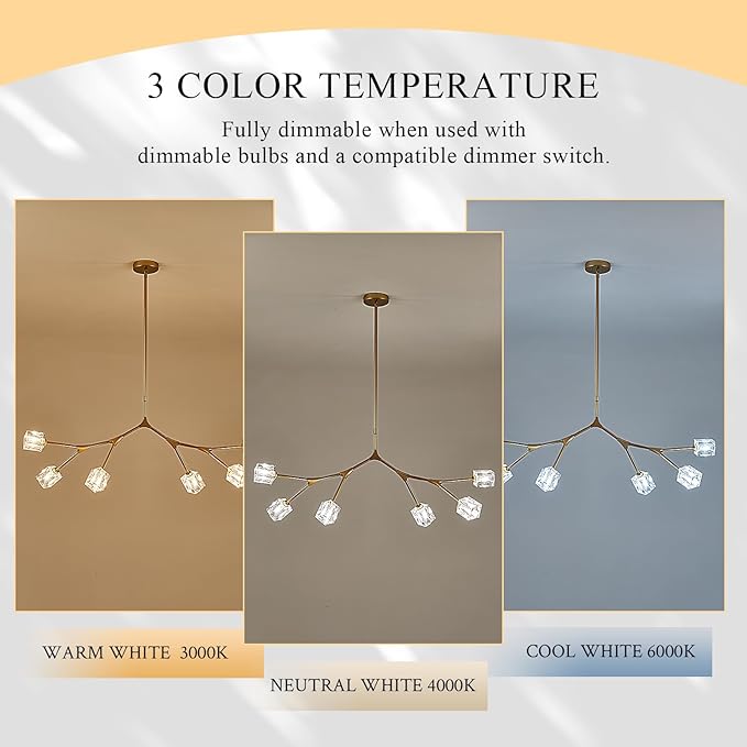6 Lights Gold Crystal Chandelier for Dining Room L43’’ Modern Luxury Sputnik Chandelier Over Table Adjustable Flush Mount Pendant Light Fixture for Living Room Kitchen Island Bedroom