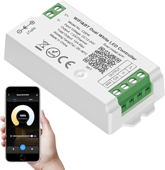 SEZO C02W WiFi Bluetooth Dual White LED Strip Controller Group Control Support Tuya Smart Life APP/Voice Control Compatible with LM091 LM096 LM007 LM097 CCT Remote DC12-24V