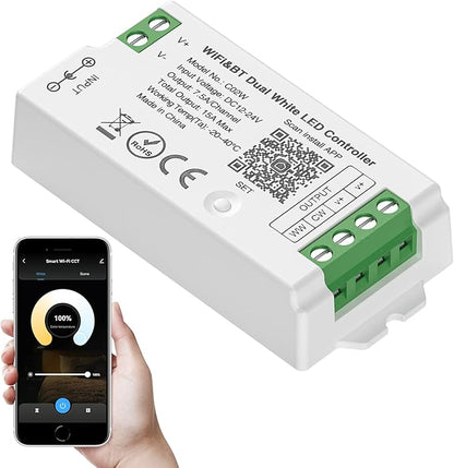 SEZO C02W WiFi Bluetooth Dual White LED Strip Controller Group Control Support Tuya Smart Life APP/Voice Control Compatible with LM091 LM096 LM007 LM097 CCT Remote DC12-24V