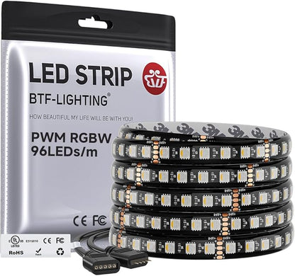 BTF-LIGHTING 5050 RGBW RGB+Warm White(2700K-3000K) 4 Colors in 1 LED 5m 16.4ft 96LED/m DC24V Multi-Colored LED Tape Lights IP65 Waterproof Black 12mm PCB for Home Decoration(No Adapter or Controller)