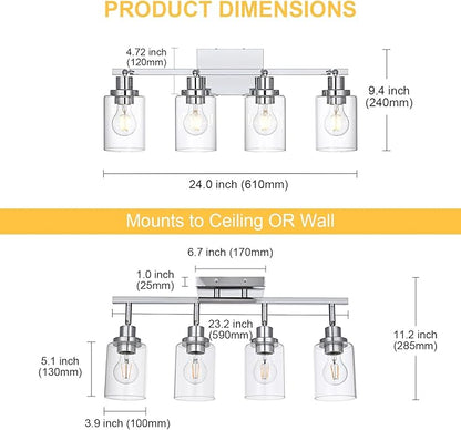 4-Light Track Lighting Kit Ceiling Kitchen Track Lighting Fixtures Chrome Bathroom Vanity Wall Lights with Clear Glass Multi-Directional Rotating Tracking Light Heads Spotlight for Accent Shop