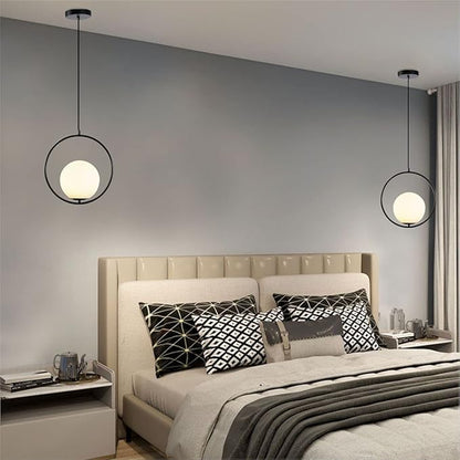 Vintage Pendant Light 1-Light Black Glass Globe Ceiling Pendant Lamp Chandelier Oval Shape Hanging Pendant Light Fixtures for Bedroom Living Dining Room Kitchen (Round(25cm))