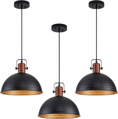 12 Inch Black Pendant Lights Hammered Matte Pendant Lights for Kitchen Island Industrial Farmhouse Adjustable Height Dome Hanging Light Fixtures for Barn, Dining Room 3 Packs