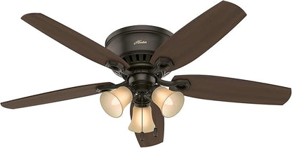 Hunter 52 inch Indoor Ceiling Fan with LED Lights - Bronze Ceiling Fan with Pull Chain, For Bedroom, Living Room, or Kitchen, Low Profile Flush Mount, No Remote, 5 Blades - Builder 53327, New Bronze