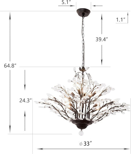 Maxax Vintage Crystal Branch Chandeliers, 12-Light Adjustable K9 Crystal Pendant Hanging Lighting Ceiling Light Fixtures Chandeliers for Dining Room, Living Room, Bedroom, Porch, 33in, Black
