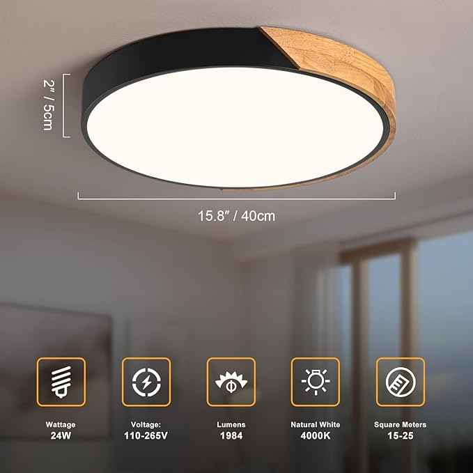 Modern LED Ceiling Light, Minimalist Wood Flush Mount Ceiling Light Fixture, 4000K Not Dimmable, Circle Lighting Lamp with Acrylic Lampshade for Bedroom Dining Room Laundry (Black,15.8")