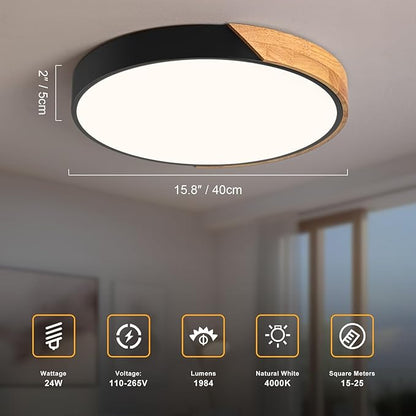 Modern LED Ceiling Light, Minimalist Wood Flush Mount Ceiling Light Fixture, 4000K Not Dimmable, Circle Lighting Lamp with Acrylic Lampshade for Bedroom Dining Room Laundry (Black,15.8")