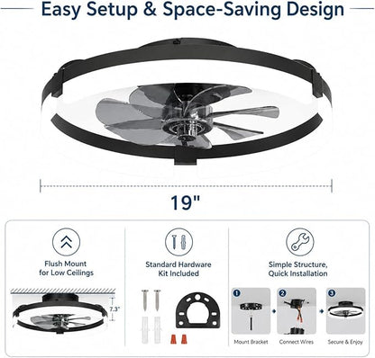 19" Low Profile Ceiling Fan with Lights and Remote, Modern Black Flush Mount Bladeless Ceiling Fan, App Control Smart Fandelier, 6 Speeds Reversible Motor, Dimmable LED Fan Light for Bedroom, Kitchen