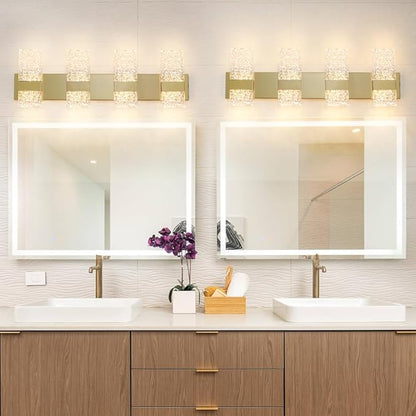 Modern Polished Gold 4 Lights Bathroom Vanity Light, Eleglant LED Bathroom Light Fixtures Over Mirror, Dimmable Acrylic Shade Wall Lighting Fixtures, Hardwired Wall Light(H9.25in, L28.35in)