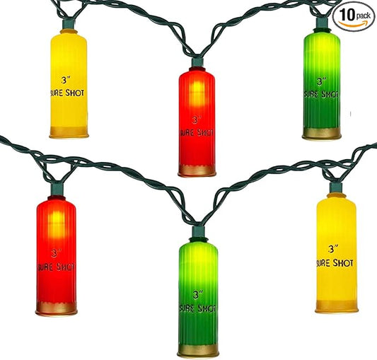 8.5FT LED Shotgun Shell String Lights with 10 Multicolor Novelty 3D Bullets Holiday Decor for Christmas,Mexican Fiesta,Summer Parties,Indoor/Outdoor Patio Bedroom Lighting (Green Wire)