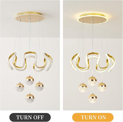 Modern Gold LED Chandeliers, Dimmable LED Pendnat Light Fixture for Kitchen Island Over Table Adjustable Height Modern Chandeliers for Dining Room Kitchen Island Living Room Bedroom
