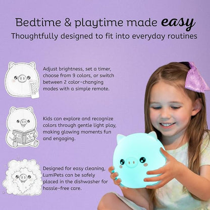 Lumipets Remote Control Silicone Night Light for Kids - Pig Design with 9 Soft Colors & Sleep Timer - Rechargeable, Battery-Operated Lamp for Bedroom | Baby Nursery, Toddler, Girls, Boys