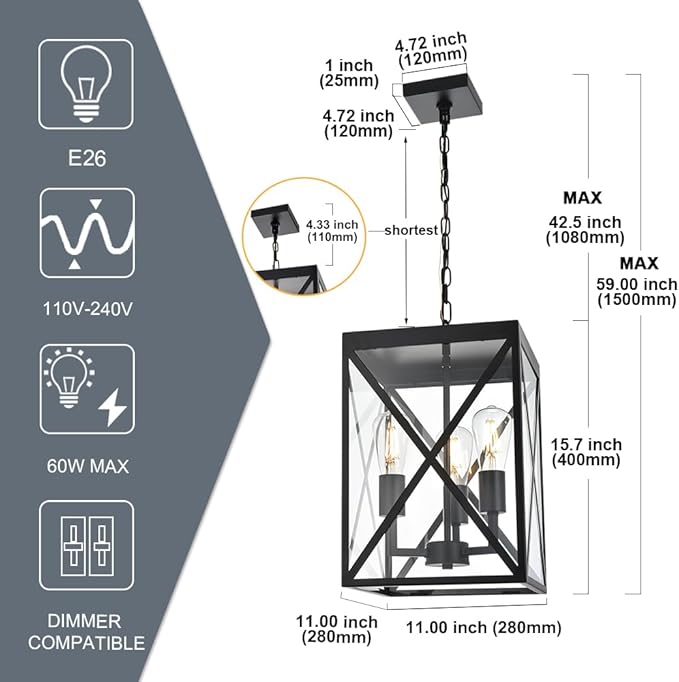 TODOLUZ Large Outdoor Porch Light Adjustable Chain, 3-Lights Modern Outdoor Pendant Lighting in Matte Black Finish, Outside Ceiling Mount Lamp for House Front Door Porch Patio Entryway
