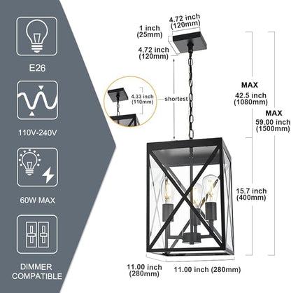 TODOLUZ Large Outdoor Porch Light Adjustable Chain, 3-Lights Modern Outdoor Pendant Lighting in Matte Black Finish, Outside Ceiling Mount Lamp for House Front Door Porch Patio Entryway