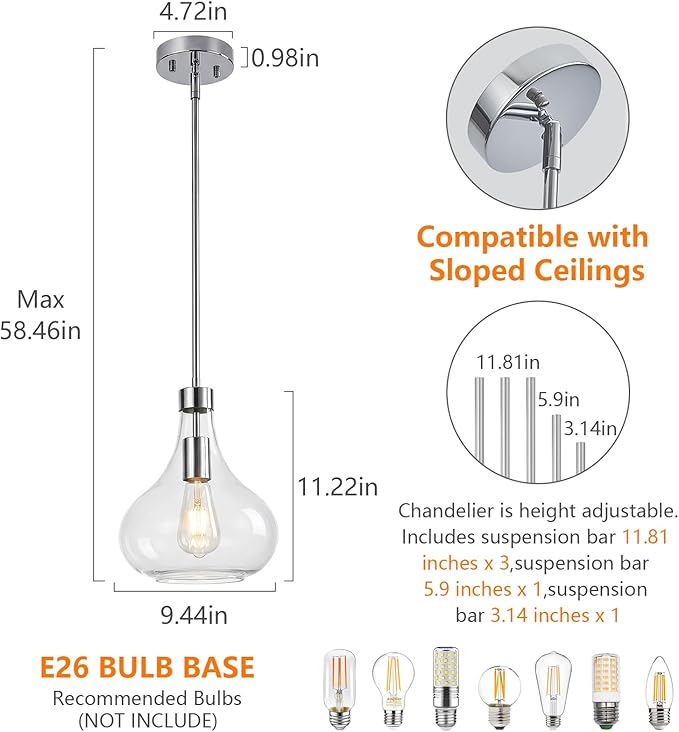 Modern Glass Pendant Light 9.44 in Clear Glass Shade Chrome Farmhouse Island Pendant Lights for Kitchen Pendant Lighting Over Sink Bedroom Dining Room