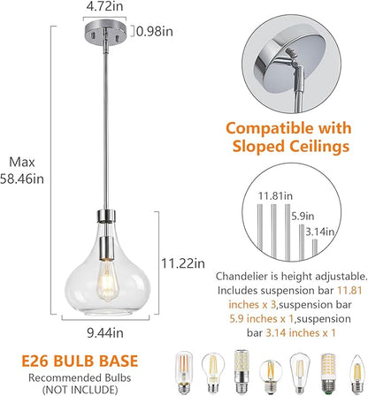 Modern Glass Pendant Light 9.44 in Clear Glass Shade Chrome Farmhouse Island Pendant Lights for Kitchen Pendant Lighting Over Sink Bedroom Dining Room