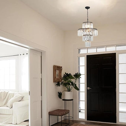 Black Crystal Chandelier, 7-Light 4 Tiers 13.77" Crystal Light, Adjustable Hanging Metal Ceiling Lighting Fixture, Modern Foyer Dining Room Chandeliers for Bedroom,Hallway,Kitchen