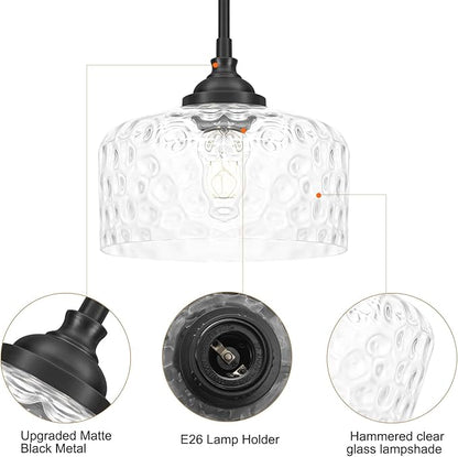 Daunton Black Pendant Light Fixtures, Pendant Lights Kitchen Island with Hammered Glass Shade for Modern Kitchen Island, Adjustable Hanging Ceiling Pendant Light for Dining Room Kitchen Sink Bathroom