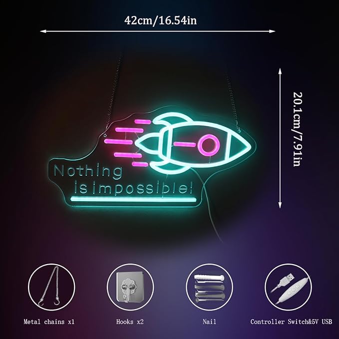 "Nothing Is Impossible!" Rocket Neon Light for Gaming Room Office – Motivational LED Wall Art, Dimmable USB Space-Themed Decor for Study Gym, Inspiring Gift for Gamers Teens Entrepreneurs