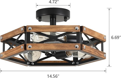 3-Light Rustic Farmhouse Wood Flush Mount Ceiling Light Fixture Oak Wood and Metal Cage Semi Flush Mount Ceiling Light for Hallway Hall Entry Bedroom Kitchen Farmhouse, Black