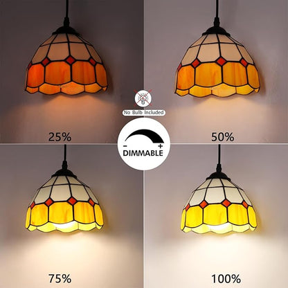 HuisMier Tiffany Plug in Pendant Light, Dimmable Mini Hanging Light with Plug in Cord and On Off Dimmer Switch, 15 Ft Vintage Stained Glass Swag Lamp for Dining Room Restaurant Bedroom, 7.9" Width