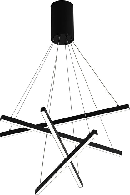 Modern Led Chandelier, High Ceiling Chandelier, Linear Chandelier 4 Lights Black Dimmable Large Pendant Light 51.8“ for Living Room Staircase Entry Foyer Lobby Office Duplex