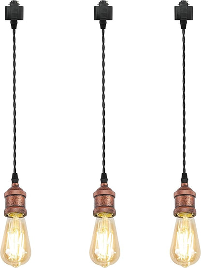 Kiven H-Type Track Lighting Pendants,Industrial h Track Pendant Lights with 31.5 Inch Cord Length Black Weave Rope,3 Pack Track Lighting Fixture,Vintage Red Finish
