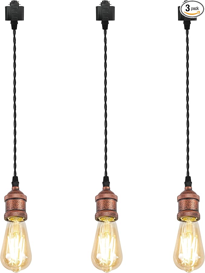 Kiven H-Type Track Lighting Pendants,Industrial h Track Pendant Lights with Aluminum Holder,3-Light Track Lighting Fixture,Vintage Red Finish