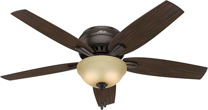 Hunter 52 inch Indoor Ceiling Fan with LED Light - Bronze Ceiling Fan with Pull Chain, For Bedroom or Living Room, Low Profile Flush Mount, No Remote, 5 Blades - Newsome 53314, Premier Bronze