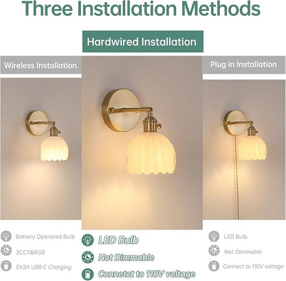 Shenmoyl Vintage Wall Sconces with White Tulip Glass Lampshade 180 Degree Adjustable Brass Sconces Hradwired Modern Wall Lighting Fixture with Switch for Bedside Bedroom Doorway