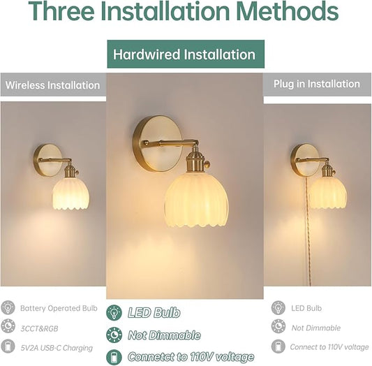 Shenmoyl Vintage Wall Sconces with White Tulip Glass Lampshade 180 Degree Adjustable Brass Sconces Hradwired Modern Wall Lighting Fixture with Switch for Bedside Bedroom Doorway