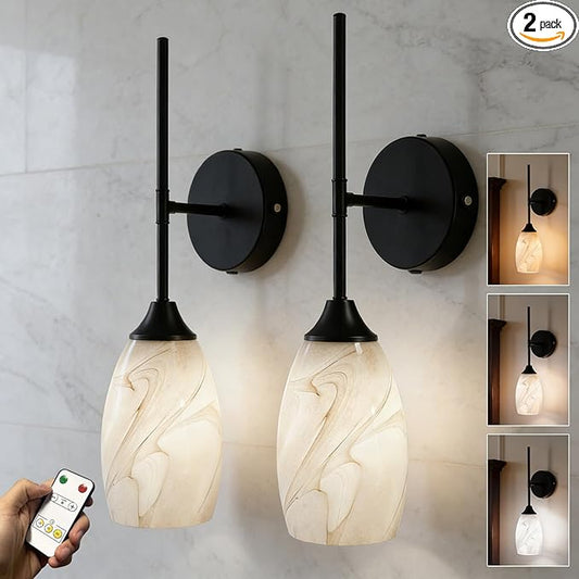 Vintage Battery Operated Wall Sconces Hand-Blown Glass , Rustic Touch & Remote Control Wall Lights Set of 2, Rechargeable 8000mAh, 3 Temperatures, Dimmable, Wireless Sconce for Bedroom Living Room