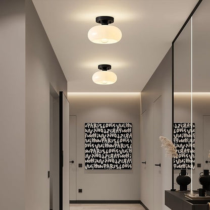 Mid-Century Modern Black Semi Flush Mount Ceiling Light,White Glass Dome Hallway Lighting Fixtures, Metal Close to Ceiling Lamp for Entryway Bathroom Kitchen Bedroom Porch Foyer Office(8.66 Inch)