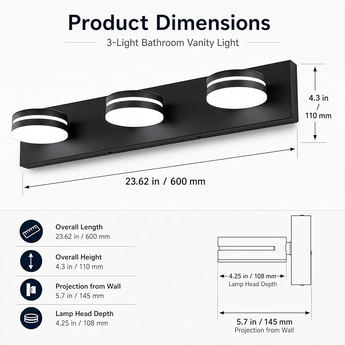 3-Light Bathroom Vanity Light Over Mirror, (24inch Dimmable) Matte Black LED Vanity Lighting Fixtures, Modern Bathroom Wall Light Fixtures with 360°Rotating Lamp Head (Cool White 5500K)