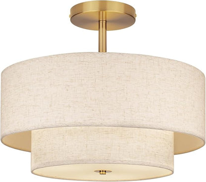 18 Inch Large Semi Flush Mount Ceiling Light Fixture with Dual Drum Design, Gold Farmhouse Fabric Linen Shade for Bedroom, Living Room, Kitchen, and Dining - Modern Chandelier Lamp