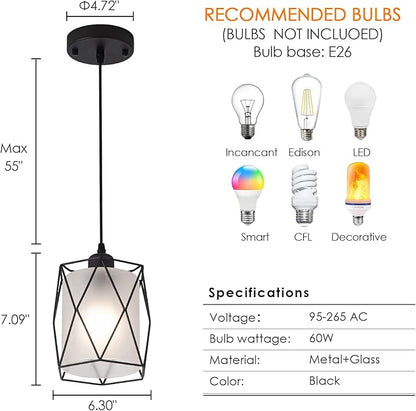 Over Sink Pendant Light with Frosted Glass Black Cage Industrial Hanging Lighting Adjustable Cord for Kitchen Island Dining Table