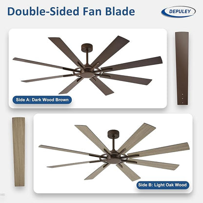 Ceiling Fan Without Light: 66 Inch Big Indoor Outdoor Fan with Remote APP Control - Brown Wood Grain Large Ceiling Fan no Light 8 Blade Reversible Quiet DC Motor Memory Function Timer