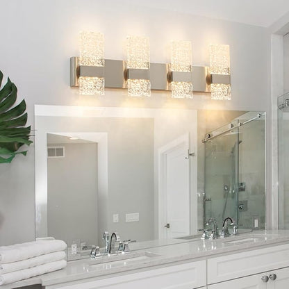 Modern Brushed Nickel 4 Lights Bathroom Vanity Light, Eleglant Nickel LED Bathroom Light Fixtures over Mirror, Dimmable Acrylic Shade Wall Lighting Fixtures, Hardwired Wall Light(H9.25in, L28.35in)