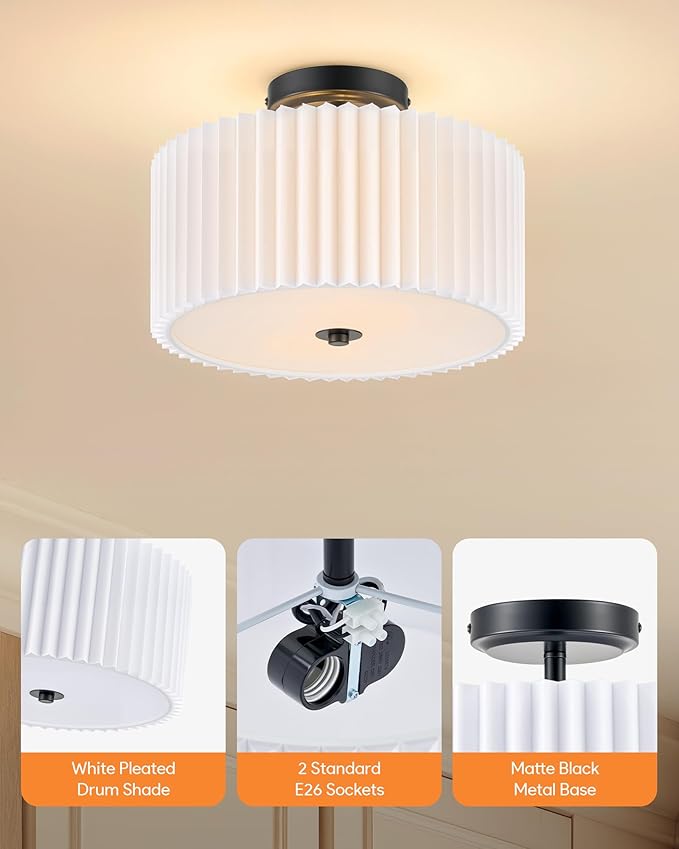VONLUCE Semi-Flush Mount Ceiling Light, 12.2" Modern 2-Light Ceiling Light Fixture with White Pleated Drum Shade 2 E26 Sockets for Bedroom Entryway Living Room, Black Finish, ETL Certificated