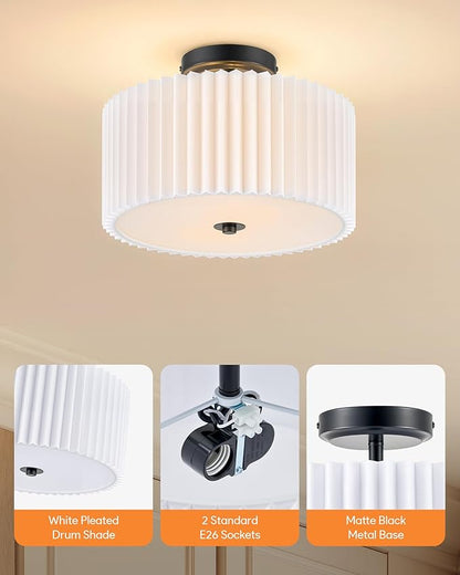 VONLUCE Semi-Flush Mount Ceiling Light, 12.2" Modern 2-Light Ceiling Light Fixture with White Pleated Drum Shade 2 E26 Sockets for Bedroom Entryway Living Room, Black Finish, ETL Certificated